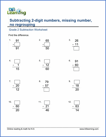Grade 2 Math Worksheets: Subtract 2-digit numbers, missing numbers ...