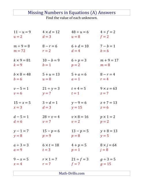 Missing Numbers in Equations (Variables) -- All Operations (Range ...