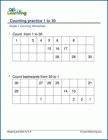 missing numbers to 30 worksheet