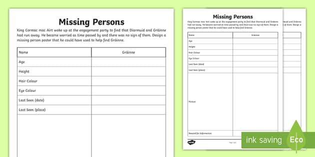 Missing Persons Poster for Diarmuid and Gráinne Worksheet / Worksheet
