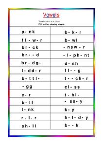 Missing Vowels Worksheet for 1st - 2nd Grade | Lesson Planet