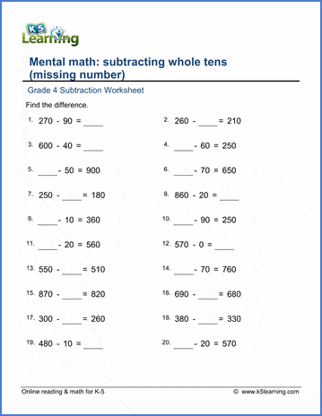 Subtraction of whole tens (missing numbers) | Worsheets library