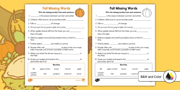 missing words in sentences worksheet