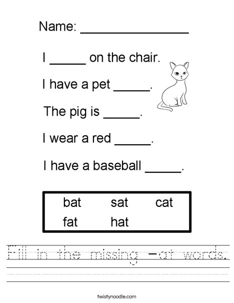Fill in the missing -at words Worksheet - Twisty Noodle