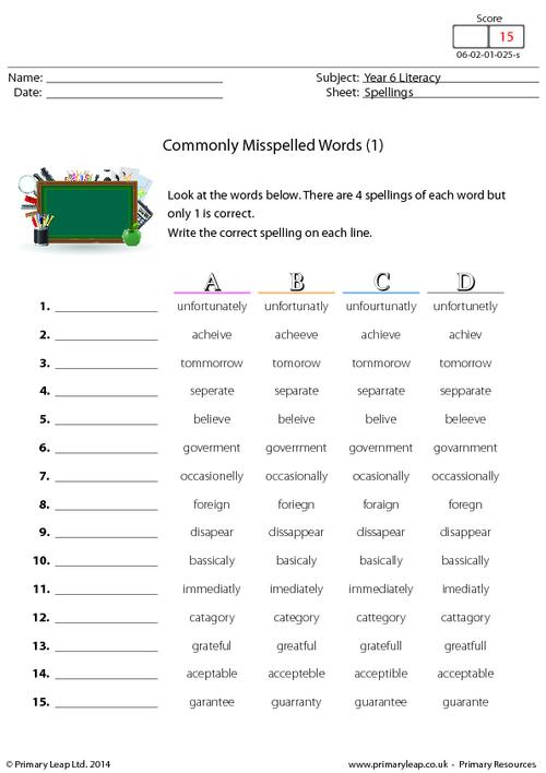 misspelled words worksheet