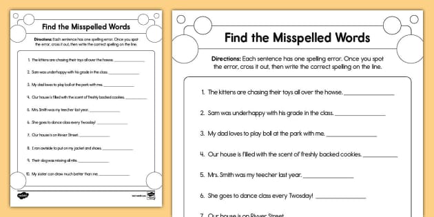 Second Grade Find the Misspelled Words Activity - Twinkl