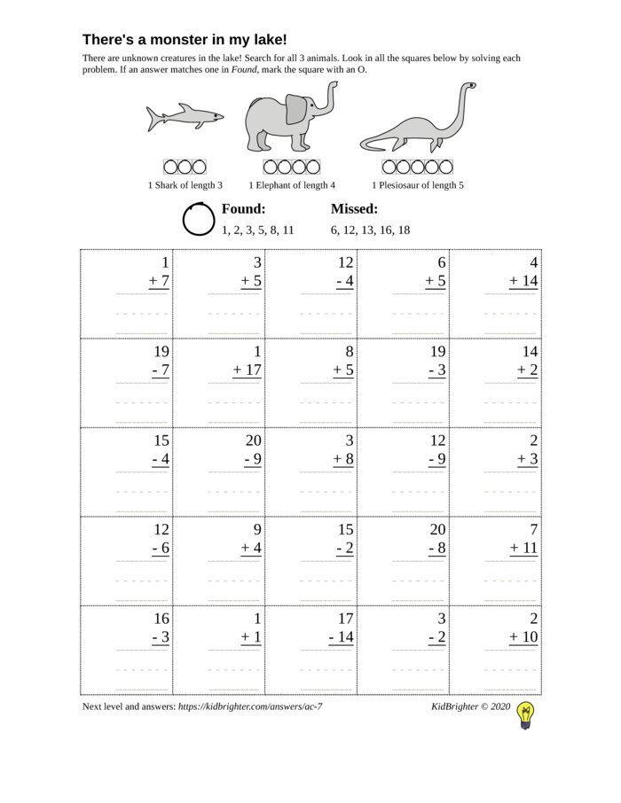 KidBrighter | Mixed Addition And Subtraction Worksheet for Grade 1
