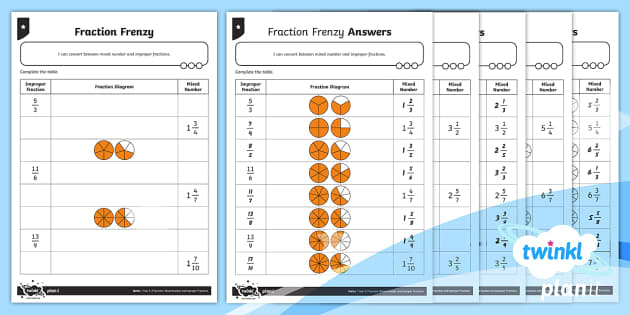 mixed and improper fractions worksheet