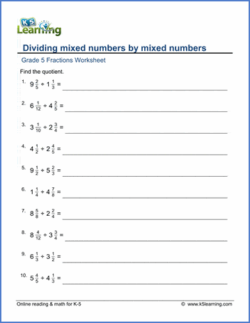 Grade 5 Fractions Worksheet: Dividing mixed numbers by mixed ...