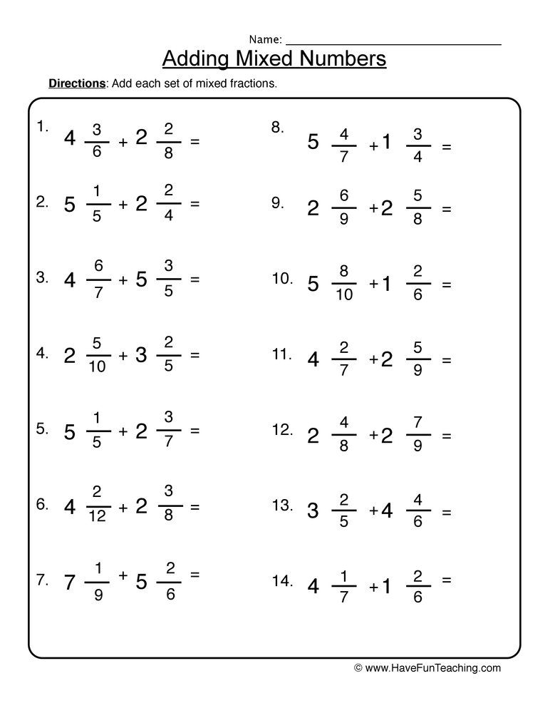 Adding Mixed Numbers Worksheet   | Adding mixed ...