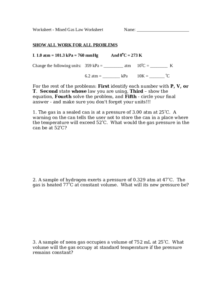 Mixed Gas Laws Worksheet Practice Problems and Solutions