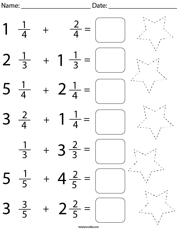 Adding Mixed Fractions Math Worksheet - Twisty Noodle