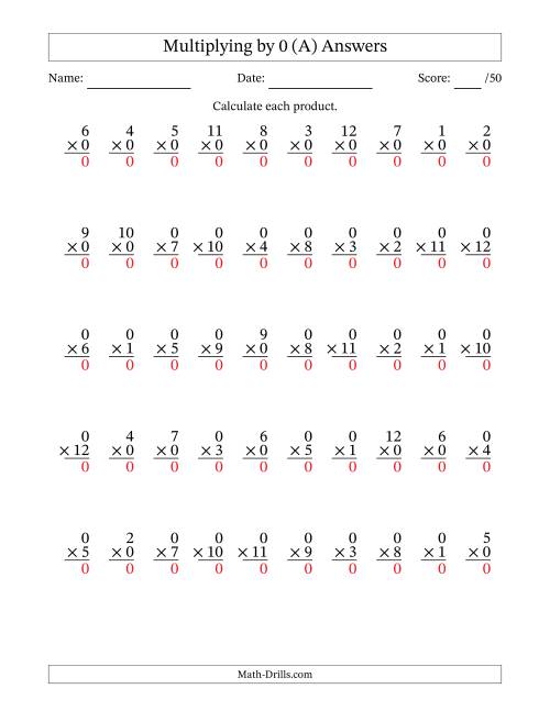 Multiplying (1 to 12) by 0 (50 Questions) (A)