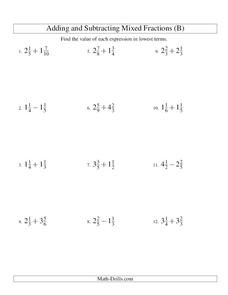 Adding and Subtracting Mixed Fractions (B) Worksheet for 5th - 6th ...