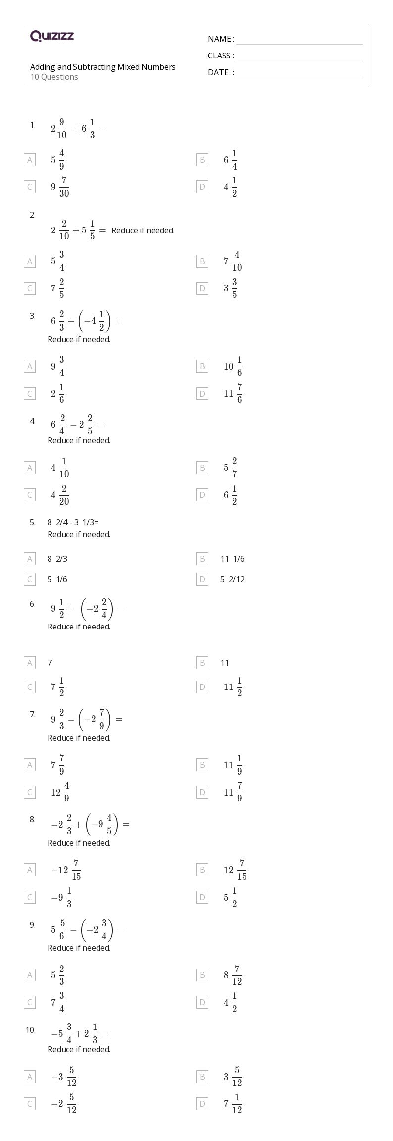 mixed number addition and subtraction worksheet