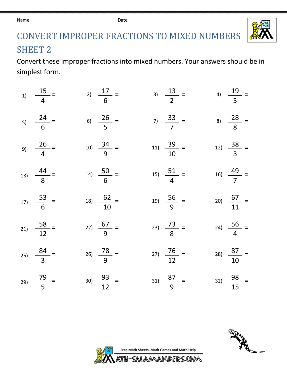 mixed number and improper fraction worksheet