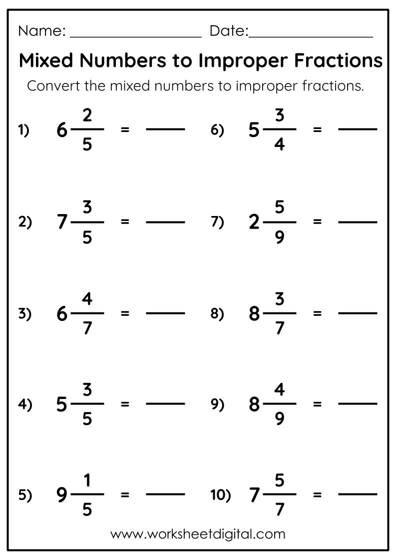 Converting Mixed Numbers to Improper Fractions - Worksheet Digital