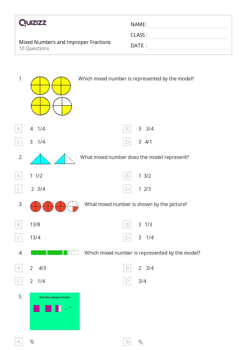 50+ Mixed Numbers and Improper Fractions worksheets for 2nd Class