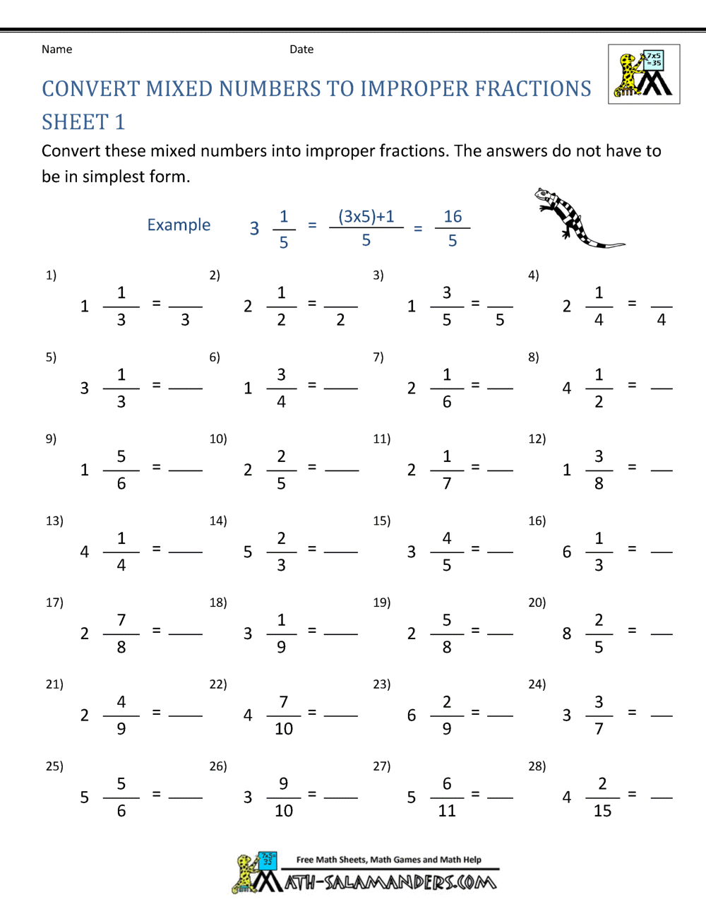 mixed number fractions worksheet