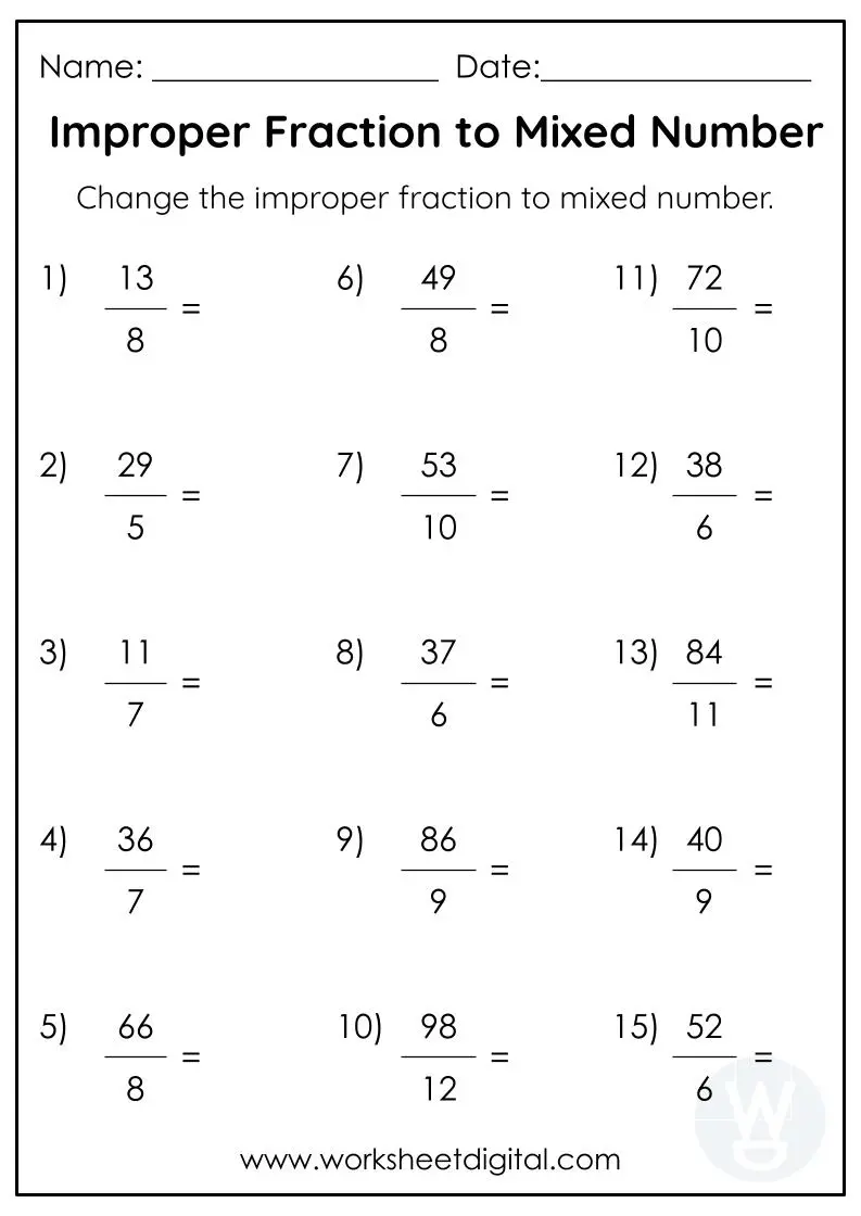 Improper Fraction to Mixed Number - Worksheet Digital