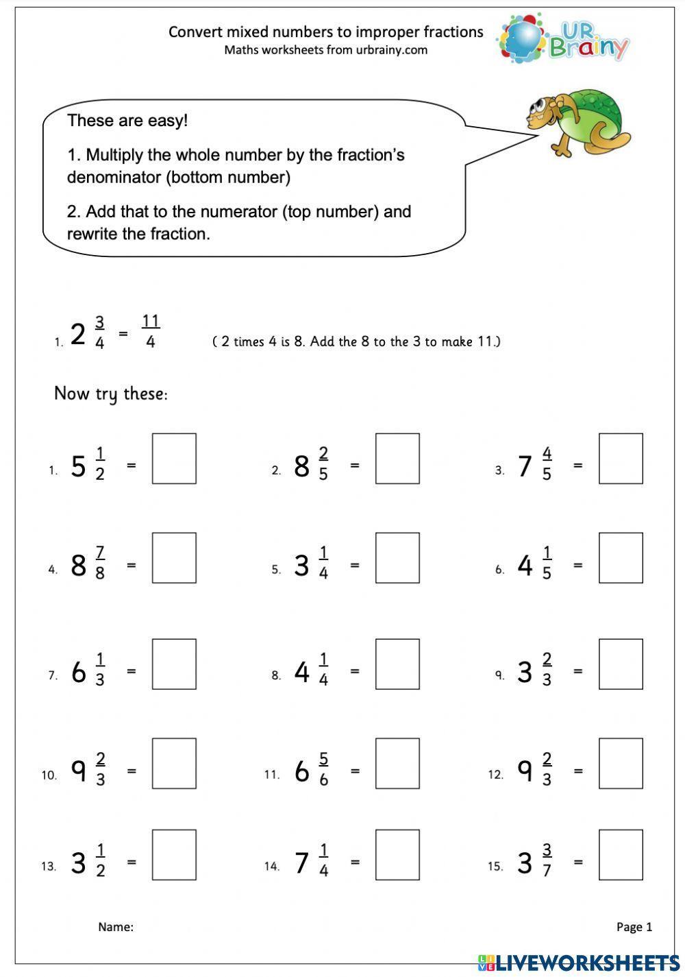 mixed numbers and improper fractions worksheet
