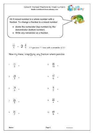 mixed numbers into improper fractions worksheet