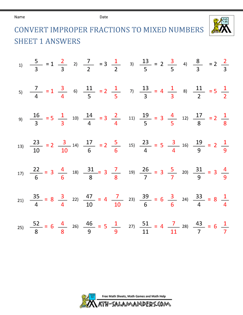 Improper Fraction Worksheets