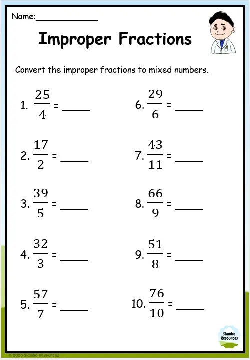mixed numbers to improper fractions worksheet