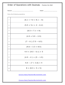 Order of Operations with Decimals Worksheets