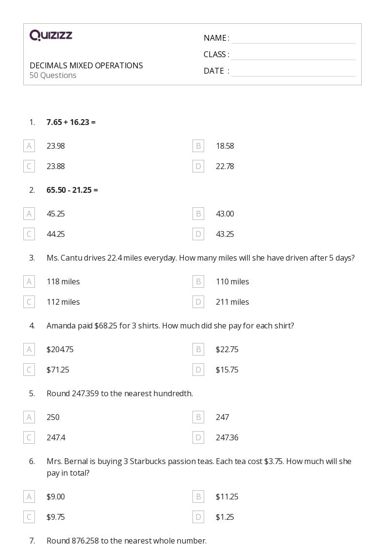 50+ Mixed Operations worksheets for 7th Year on Quizizz | Free ...