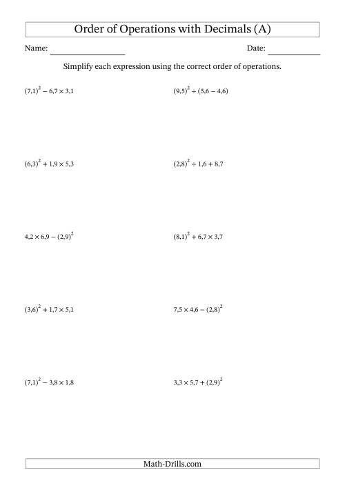 Order of Operations with Positive Decimals (Three Steps; Comma ...