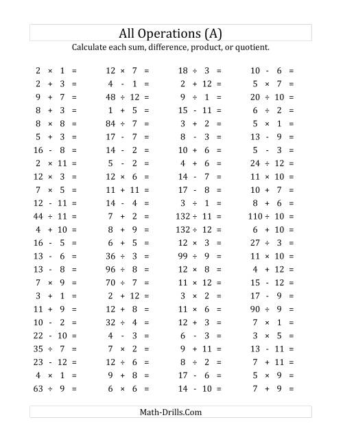 100 Horizontal Mixed Operations Questions (Facts 1 to 12) (A)