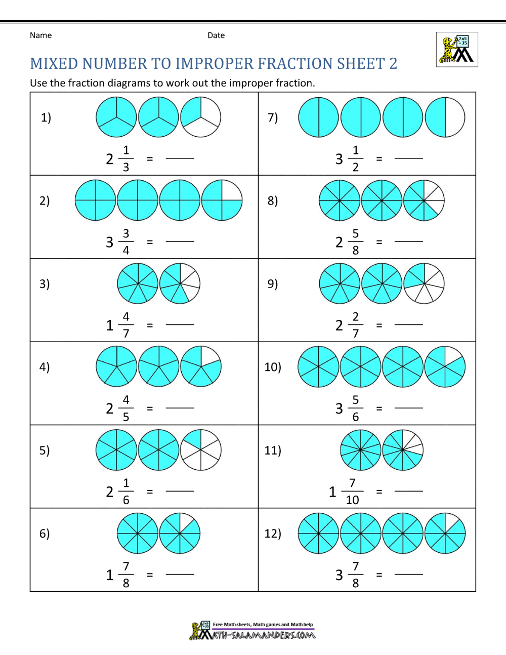 mixed to improper fractions worksheet