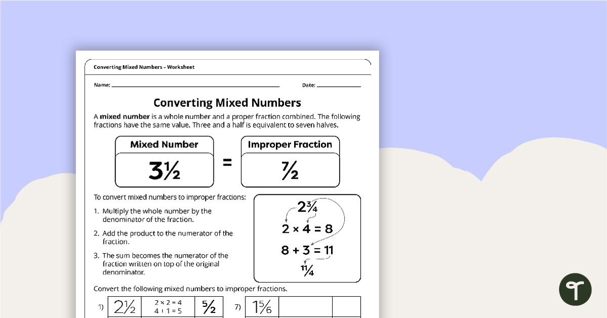 Converting Mixed Numbers - Worksheet | Teach Starter