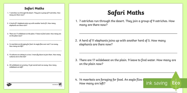 Safari Themed Maths Word Problems Mixed to 21 (teacher made)