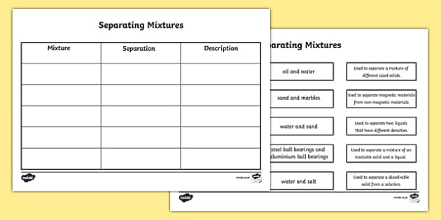 Separating Mixtures Matching Worksheet (teacher made)