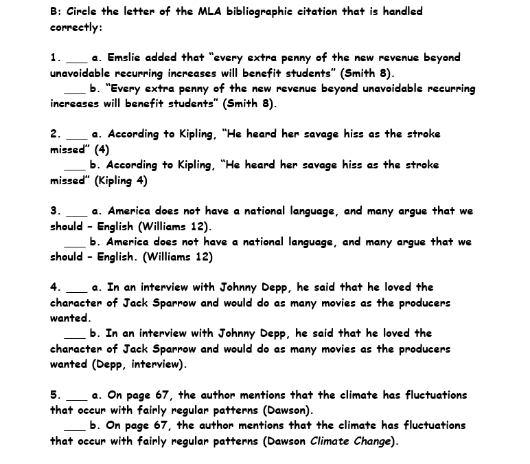 MLA In-text Citations Worksheet English 101 2. Works | Chegg.com