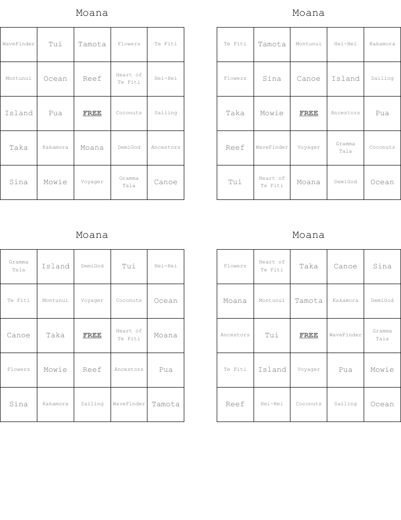 Moana Bingo Cards - WordMint