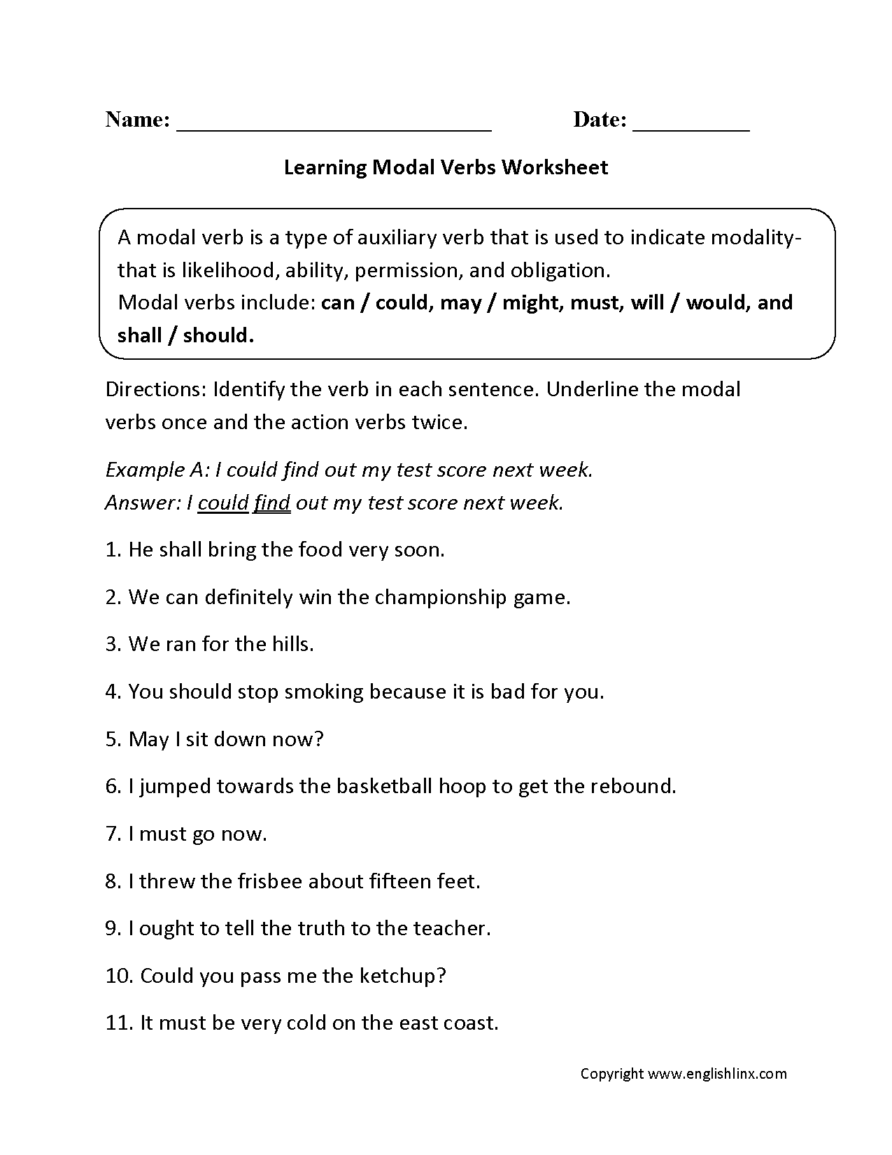 Verbs Worksheets | Modal Verbs Worksheets