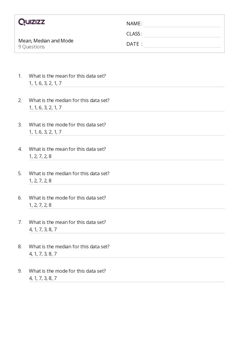 mode median mean worksheet