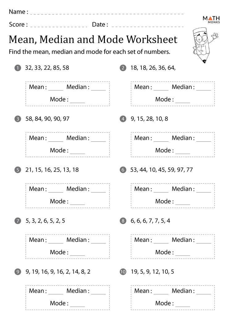 Mean Median Mode Range Worksheets - Math Monks