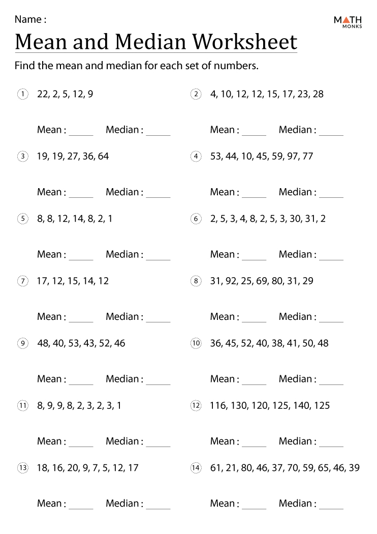 Mean Median Mode Range Worksheets - Math Monks