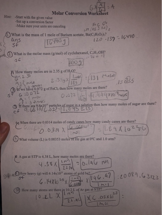 Solved Molar Conversion Worksheet Hint: Start with the given ...