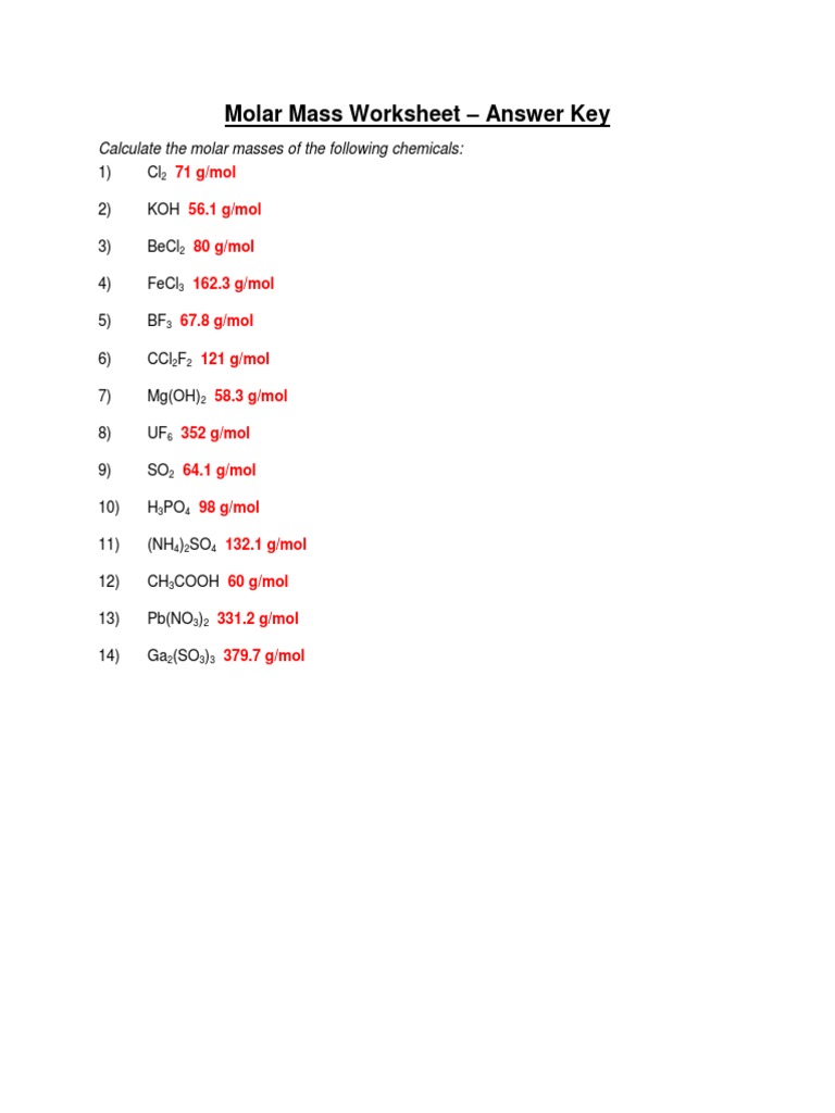 Molar Mass Worksheet - Answer Key | Download Free PDF | Mole (Unit ...