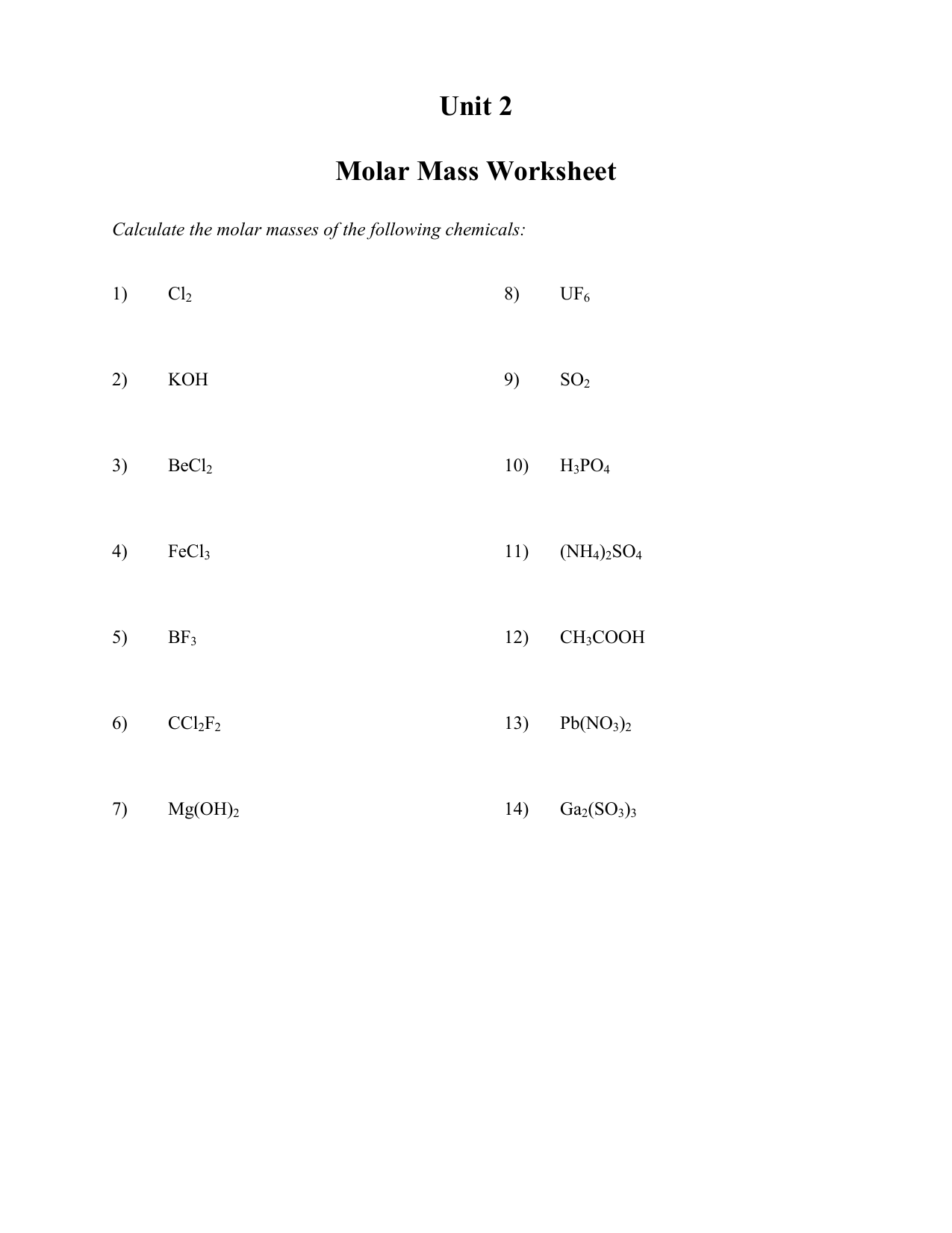 molar mass worksheet answers with work