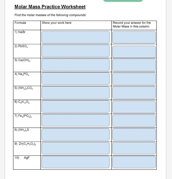 molar mass worksheet answers with work