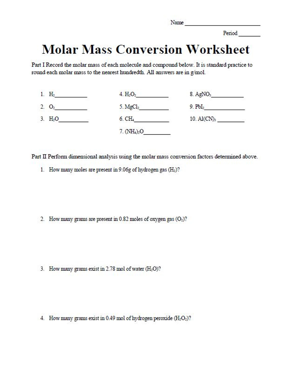 molar mass worksheet answers with work
