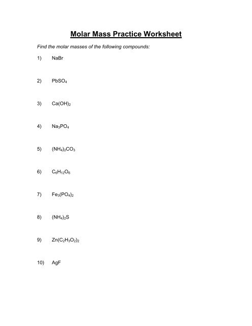 molar mass worksheet with answers