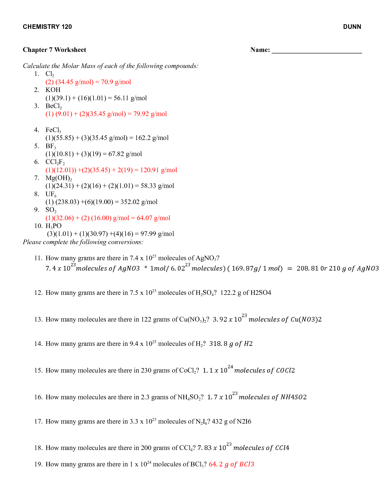 SOLUTION: CHEM 120 Chapter 7 Molar Mass Worksheet - Studypool