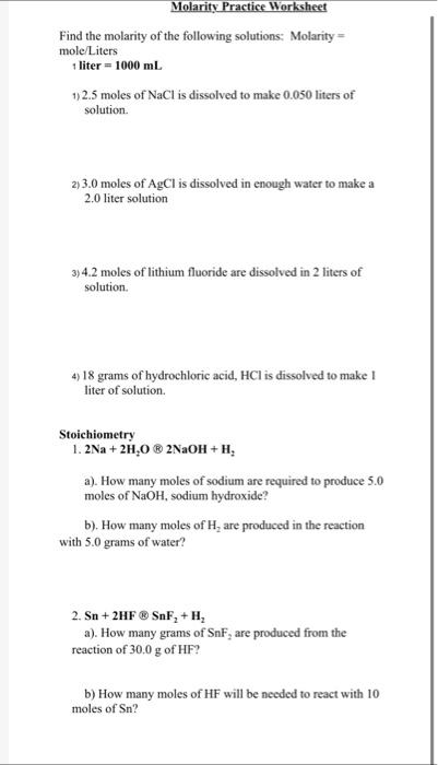 molarity practice worksheet answers